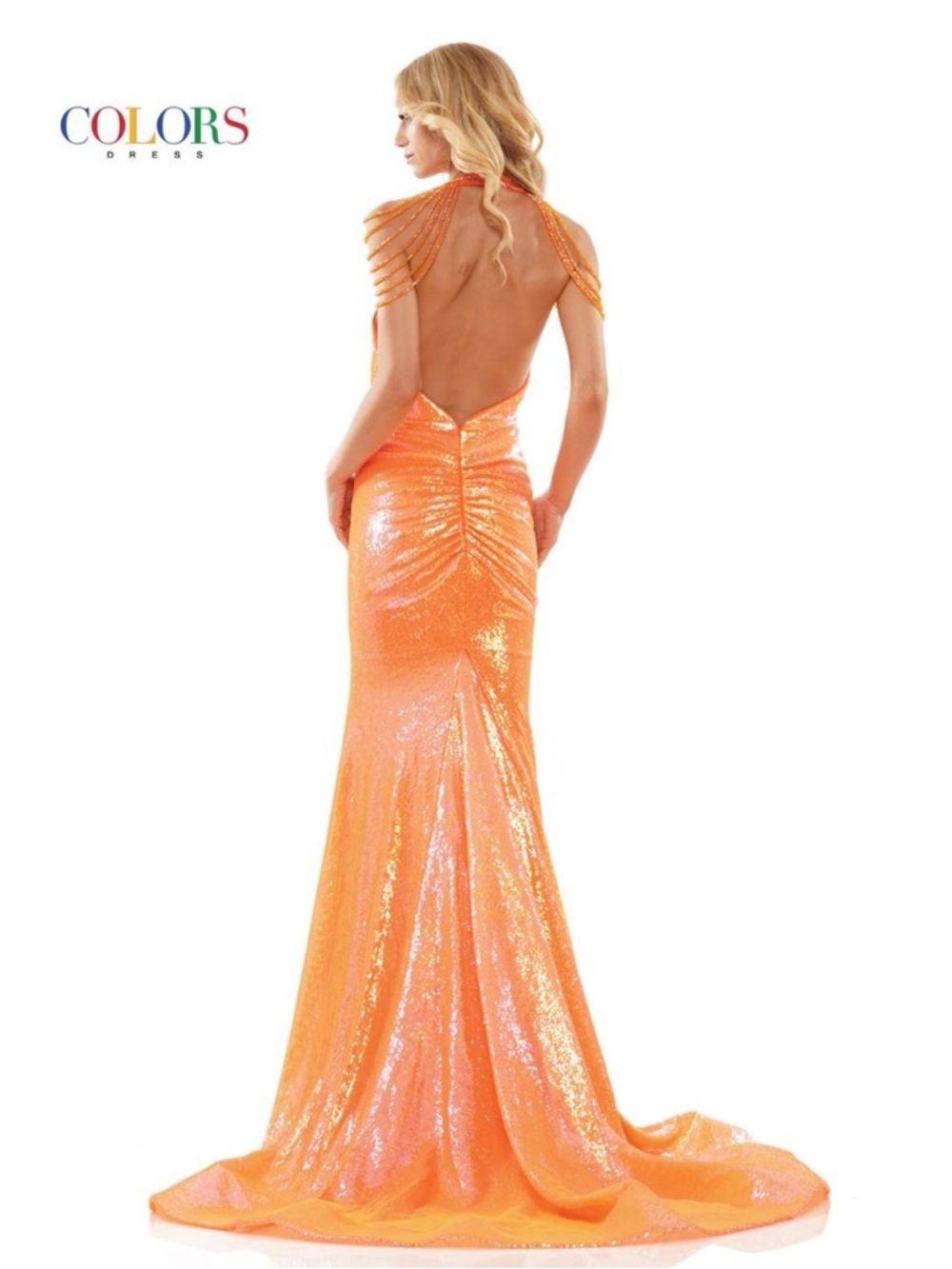 Colors Dress Iridescent Blue Sequin Prom Gown with Beaded Shoulder Straps - Picture 5 of 6